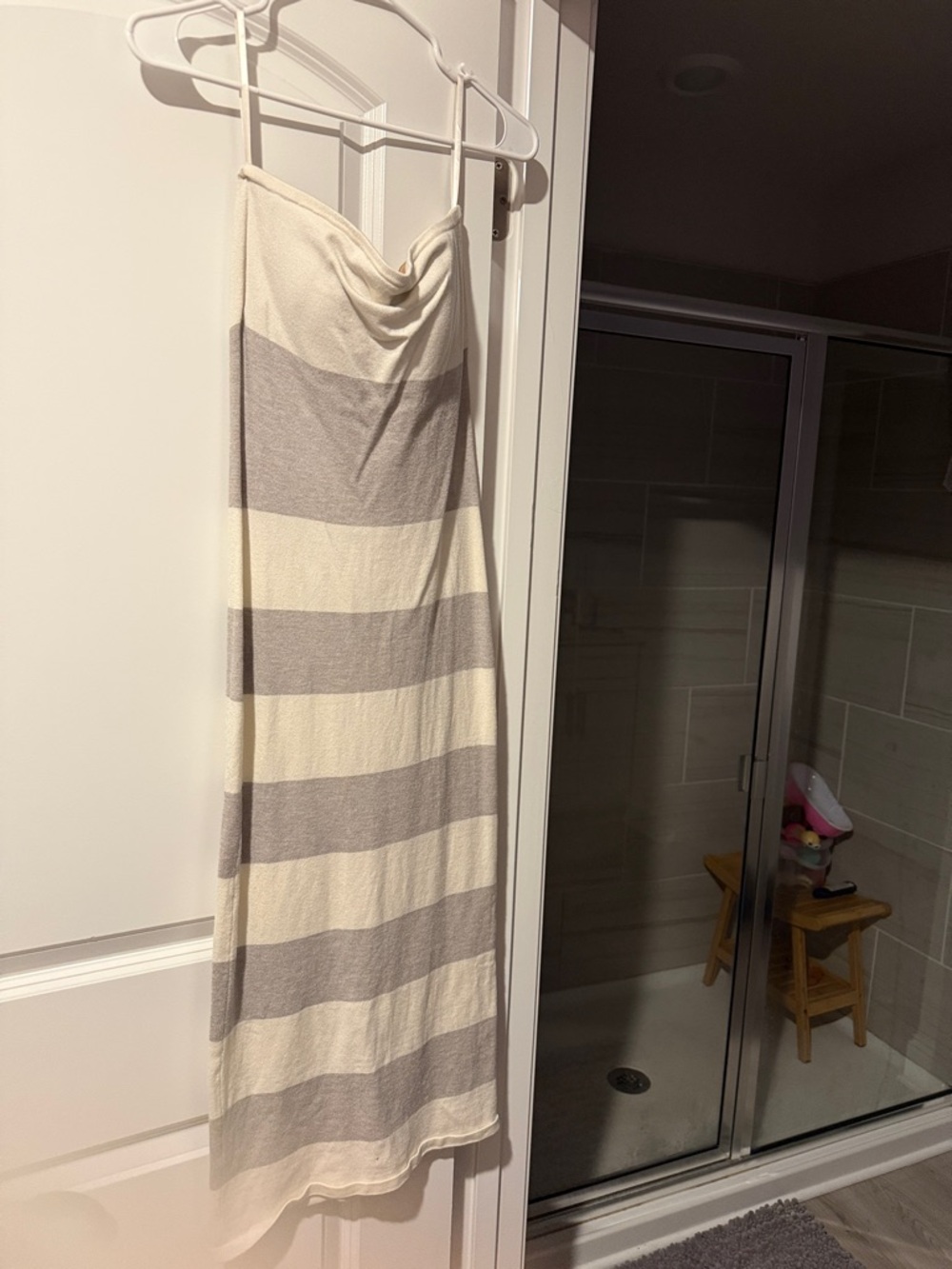 JLUXLABEL Cream and Gray Striped Strapless Maxi Dress